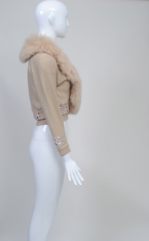 Women's Oatmeal Cashmere Cardigan with Fox Collar