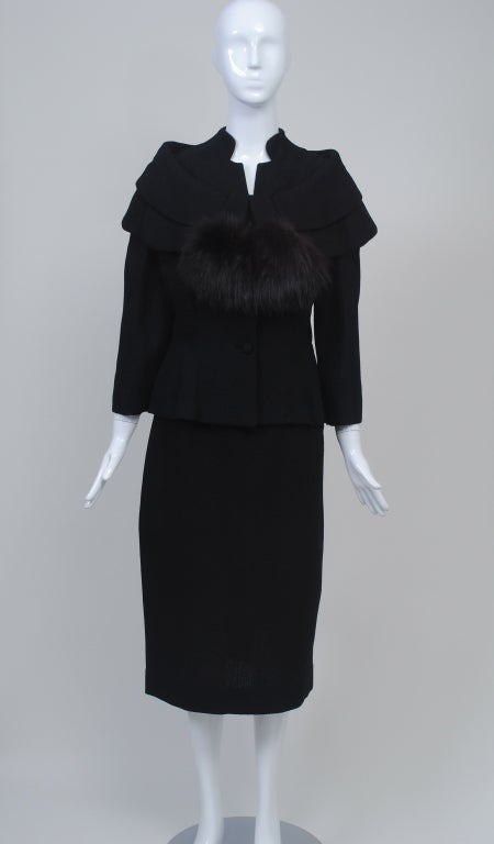 LILLI ANN BLACK WOOL SUIT WITH FOX TRIM