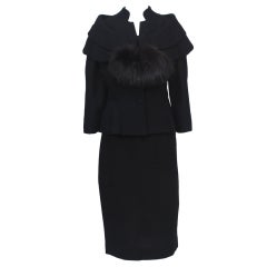 LILLI ANN BLACK WOOL SUIT WITH FOX TRIM