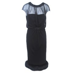 J. MENDEL BLACK CHIFFON DRESS WITH FOX TRIM