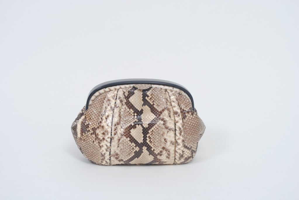 Natural snakeskin clutch with wide black plastic frame across top pulls open with tab. Soft body has plenty of room for wallet and phone and has side zipper compartment. A narrow snakeskin strap converts the clutch to a shoulder bag by hooking onto