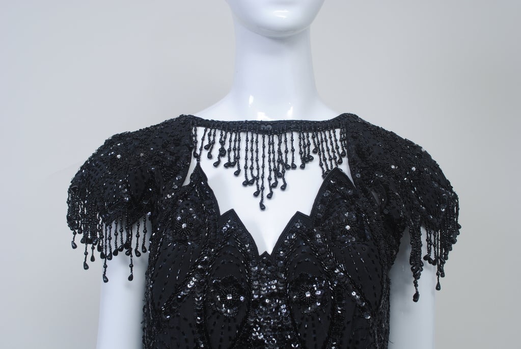 Black Sequined Gown with Fringe Detail In Excellent Condition In Alford, MA