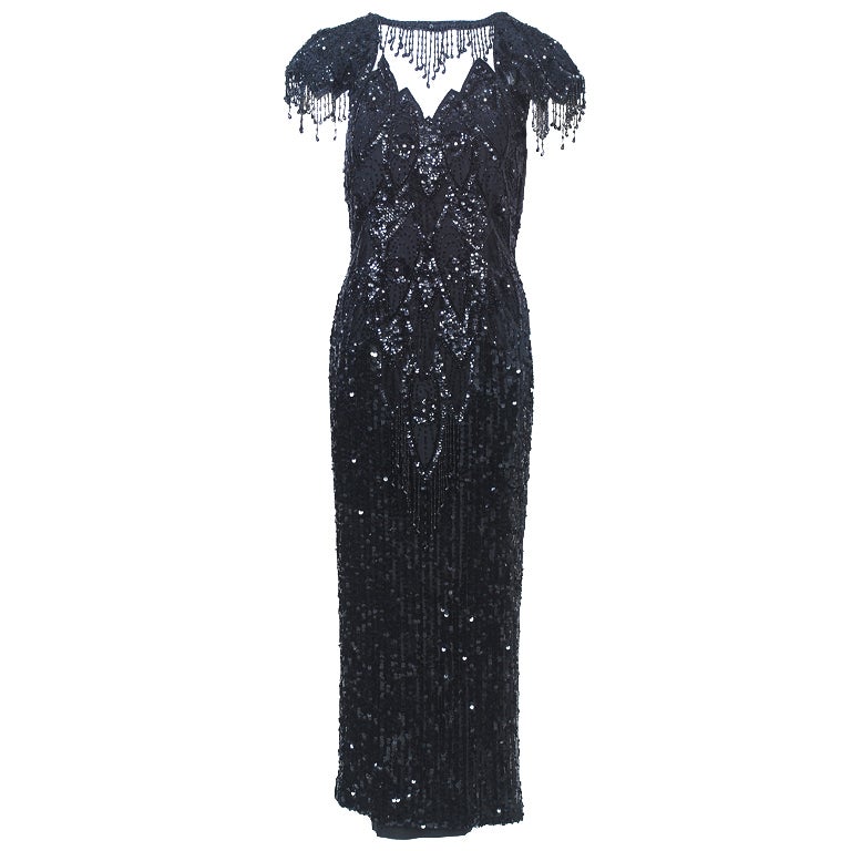 Black Sequined Gown with Fringe Detail