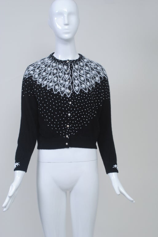 BLACK VINTAGE CARDIGAN WITH WHITE BEADING