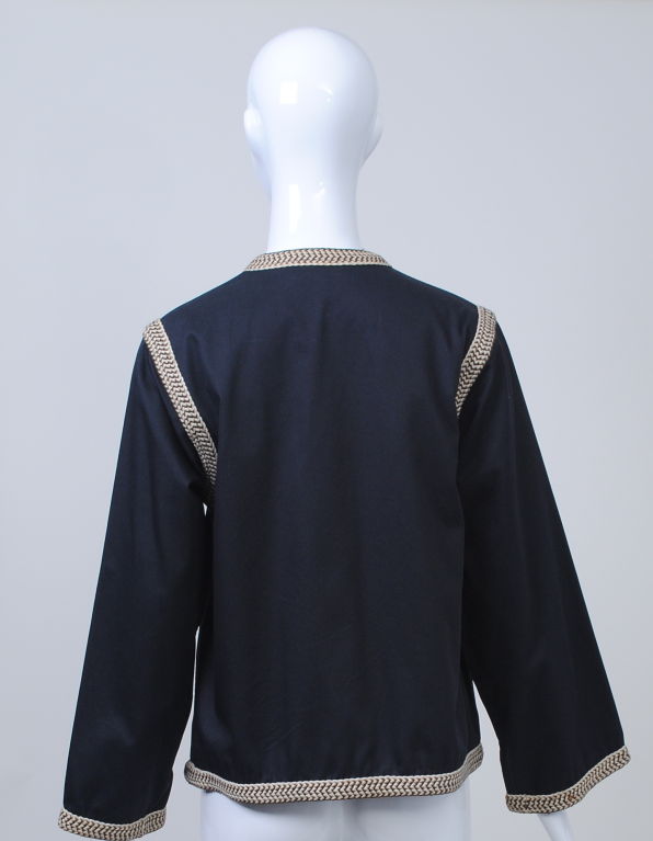 SAINT LAURENT BLACK COTTON JACKET W/BRAIDED TRIM