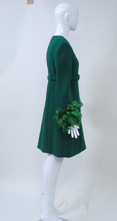 Women's JEAN PATOU GREEN WOOL DRESS W/FEATHER CUFFS