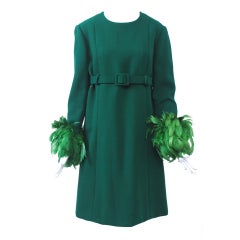 Vintage JEAN PATOU GREEN WOOL DRESS W/FEATHER CUFFS