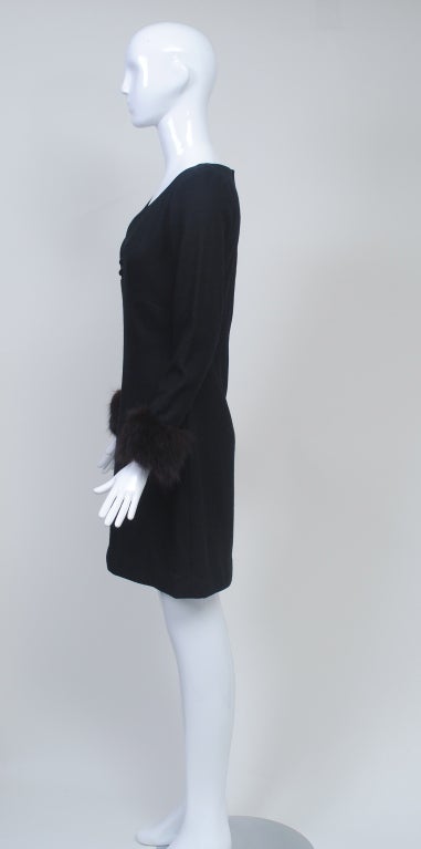 Women's BLACK WOOL JERSEY DRESS W/FOX CUFFS For Sale