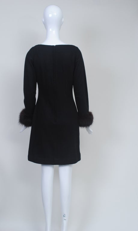 BLACK WOOL JERSEY DRESS W/FOX CUFFS For Sale 1