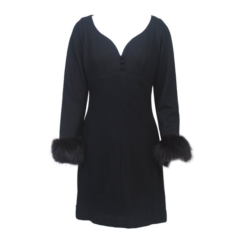 BLACK WOOL JERSEY DRESS W/FOX CUFFS For Sale