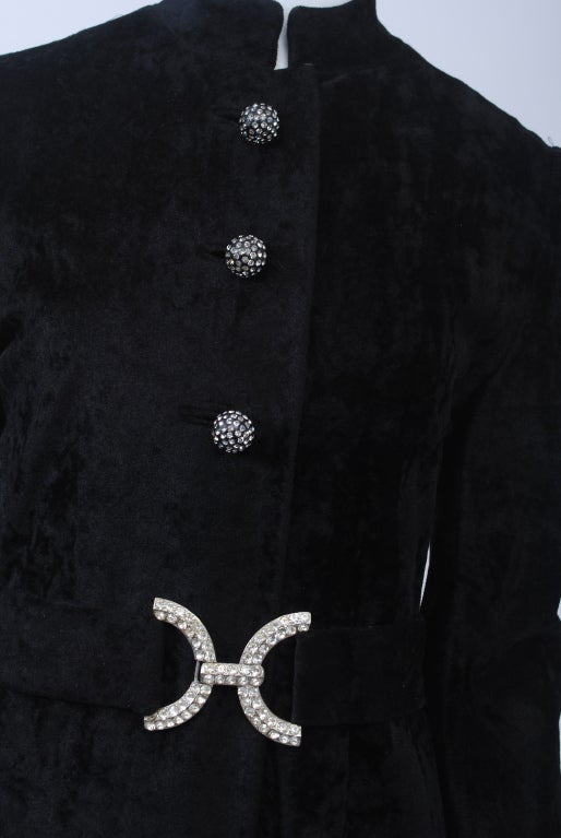 Black CRUSHED VELVET MAXI COAT WITH RHINESTONE TRIM For Sale