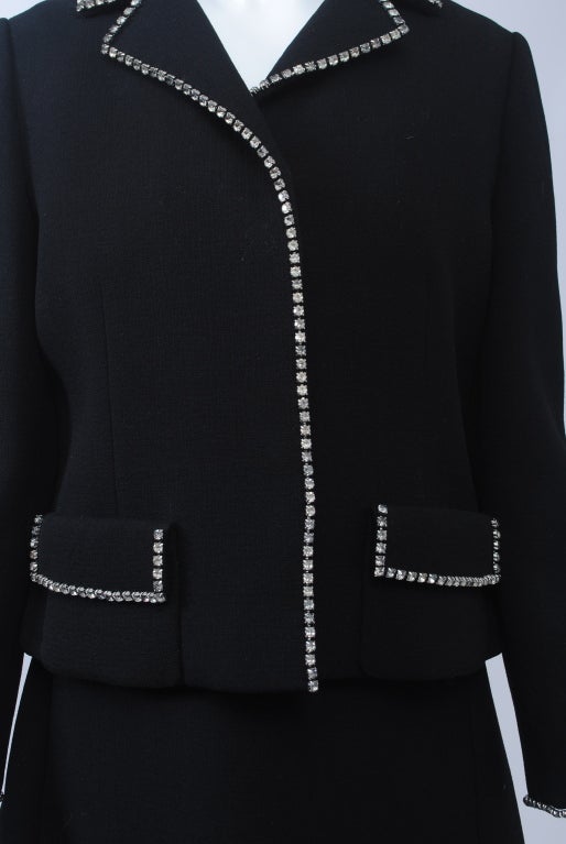 BLACK WOOL DRESS AND JACKET W/RHINESTONE TRIM For Sale at 1stDibs