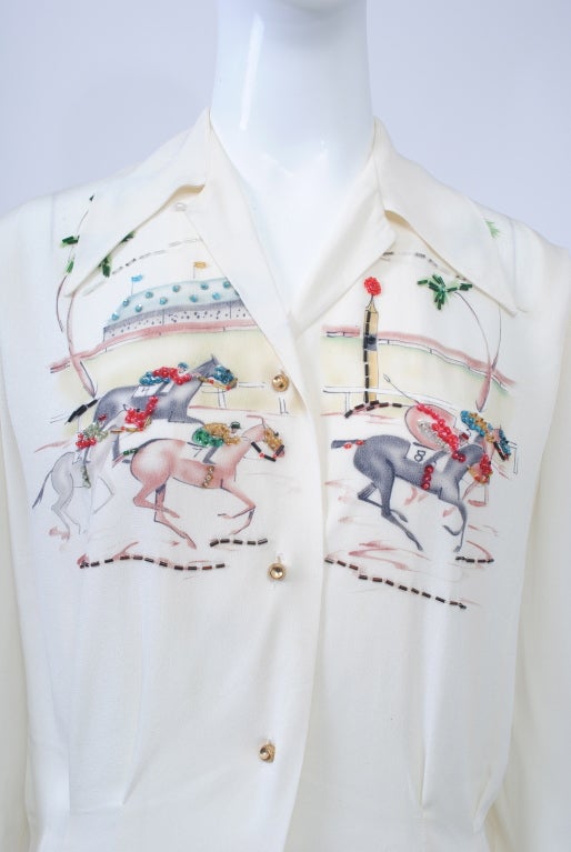 Women's HANDPAINTED 1950S BLOUSE WITH HORSE RACING THEME