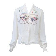HANDPAINTED 1950S BLOUSE WITH HORSE RACING THEME