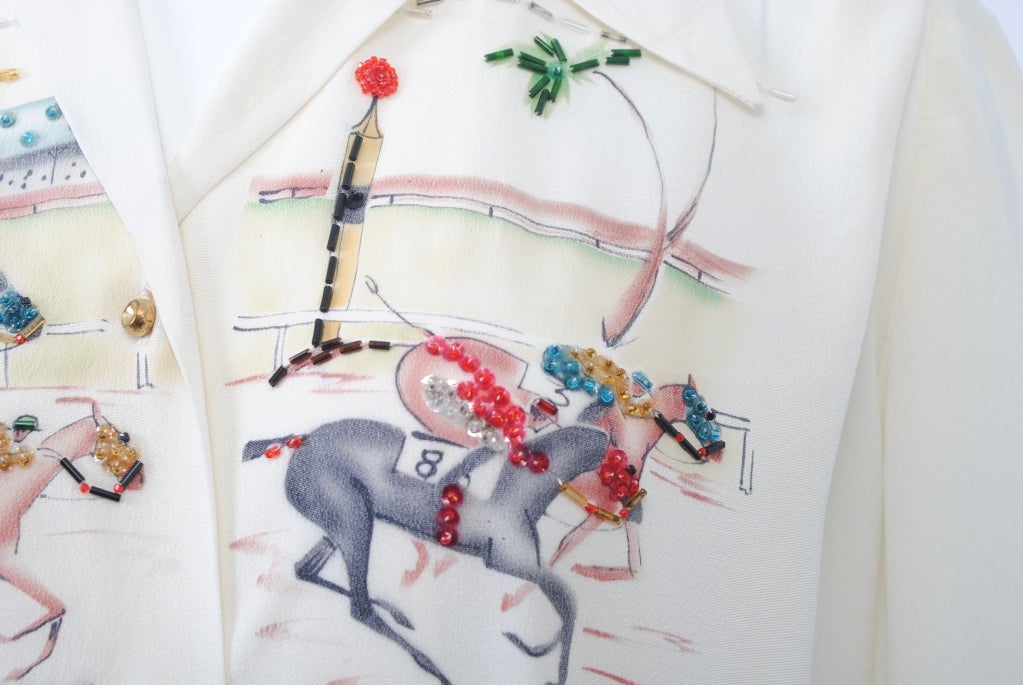 HANDPAINTED 1950S BLOUSE WITH HORSE RACING THEME 3