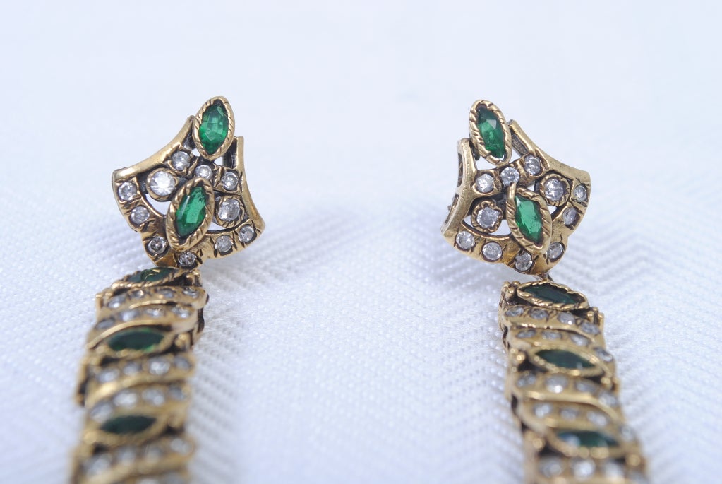Emerald and Rhinestone Drop Earrings at 1stdibs