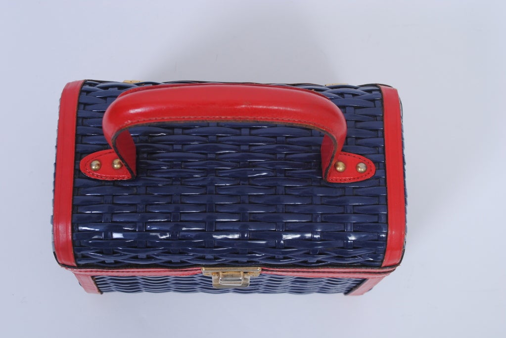 Women's NAVY WICKER BOX BAG WITH RED LEATHER TRIM