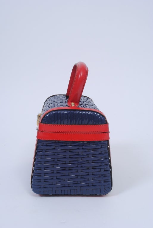 NAVY WICKER BOX BAG WITH RED LEATHER TRIM 1