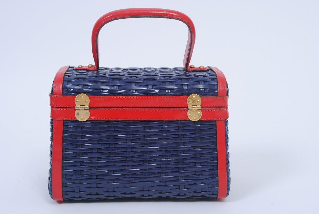 NAVY WICKER BOX BAG WITH RED LEATHER TRIM 2