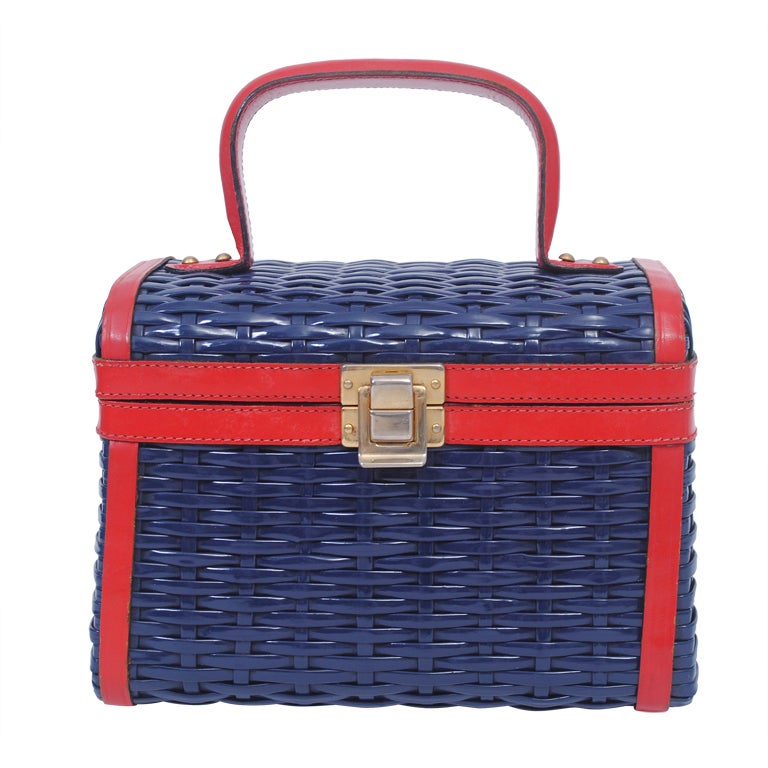 NAVY WICKER BOX BAG WITH RED LEATHER TRIM