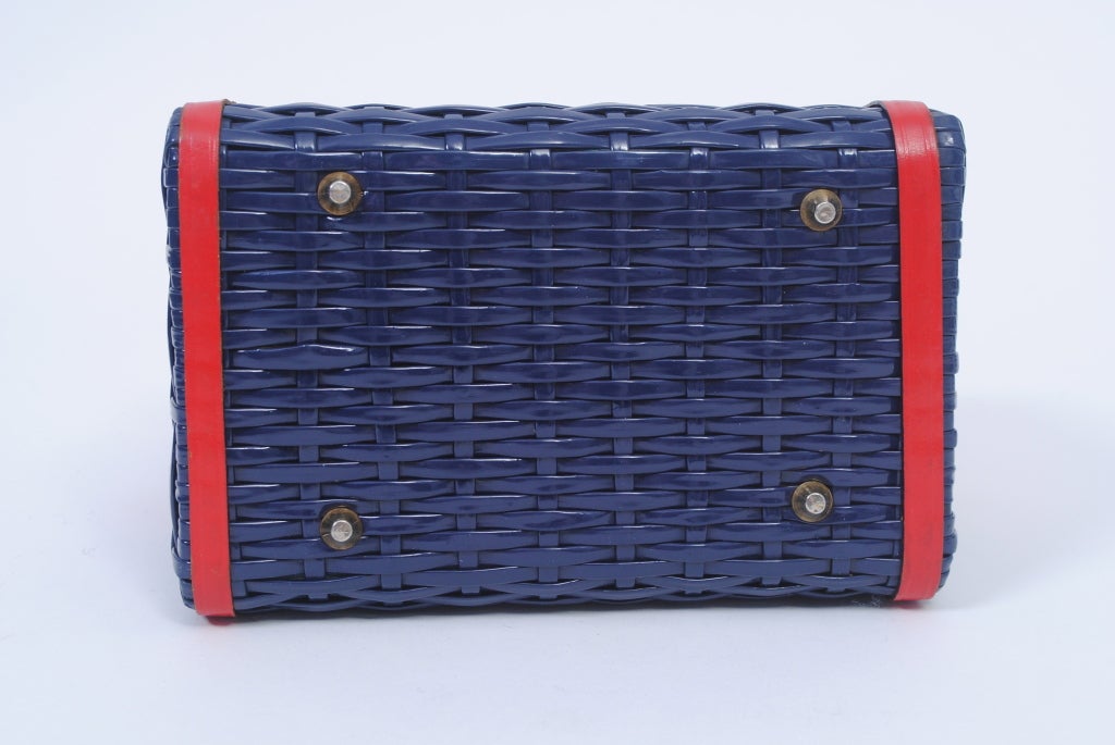NAVY WICKER BOX BAG WITH RED LEATHER TRIM 3