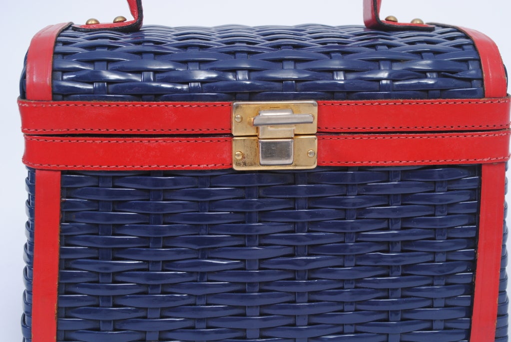 NAVY WICKER BOX BAG WITH RED LEATHER TRIM 4