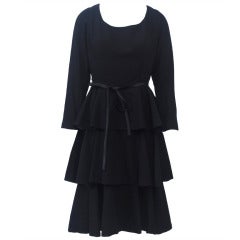 Retro Black Wool 1960s Tiered Dress