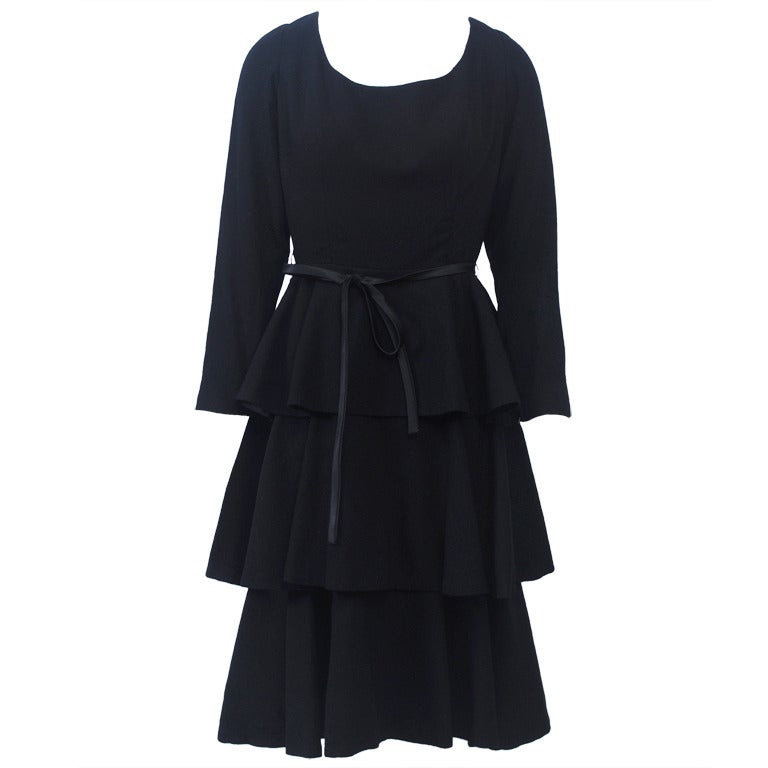 Black Wool 1960s Tiered Dress