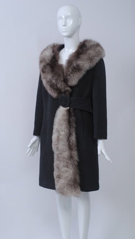 Gray Wool 1960s Coat with Fox Trim
