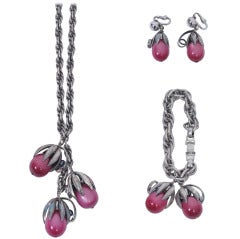 Napier Silverplate Parure with Pink Lucite Fruit Drops
