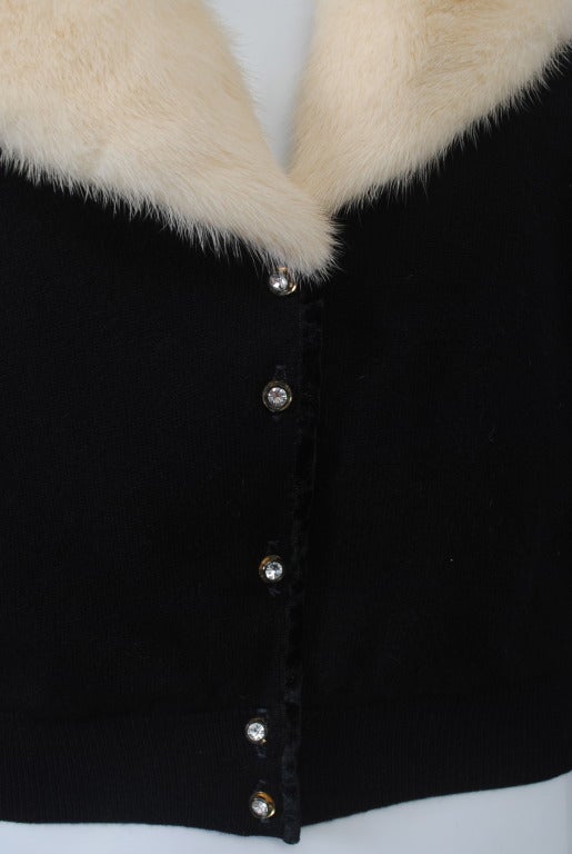 Black Cashmere Cardigan with White Mink Collar In Excellent Condition In Alford, MA