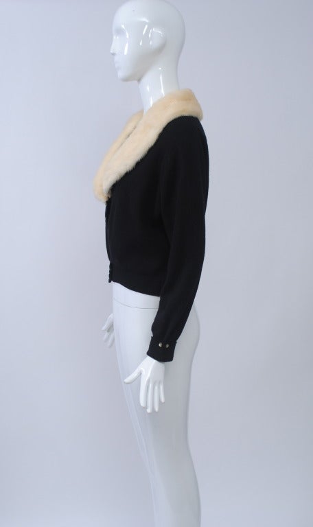 Women's Black Cashmere Cardigan with White Mink Collar