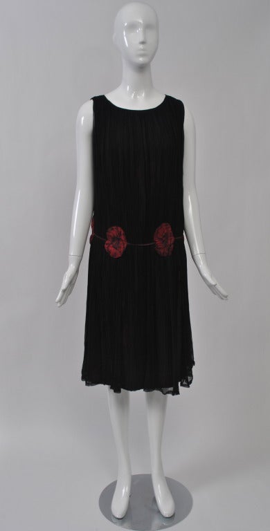 1930s Black Pleated Chiffon Dress with Red Flower Appliqués