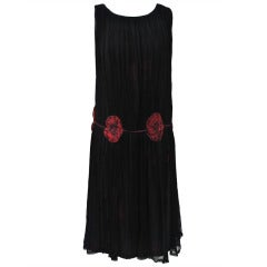 Vintage 1930s Black Pleated Chiffon Dress with Red Flower Appliqués