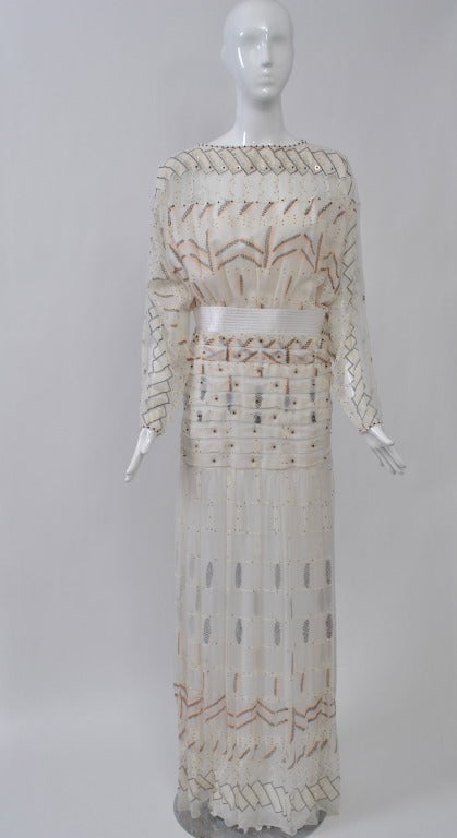 Zandra Rhodes 1980s Hand Painted Silk Chiffon Gown