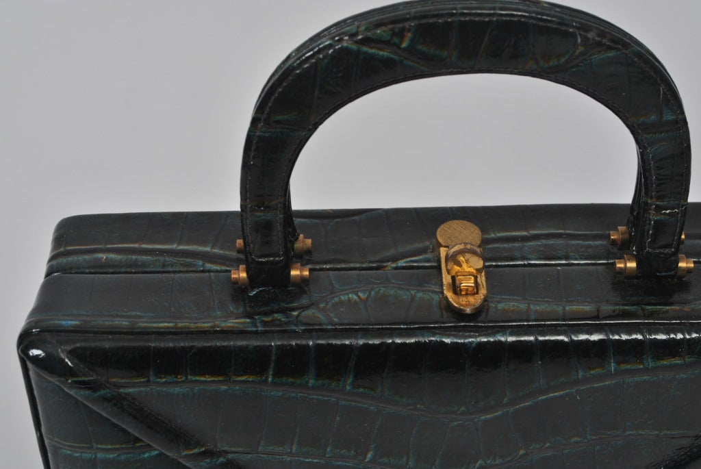 Black 1960s Teal Faux Alligator Box Bag For Sale