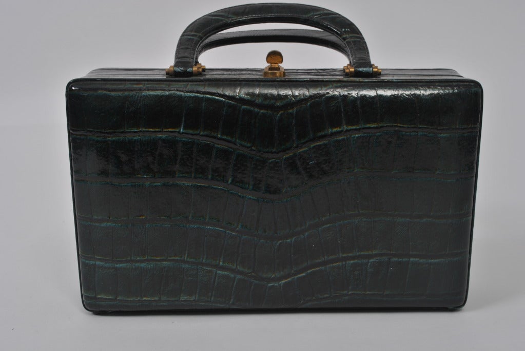 1960s Teal Faux Alligator Box Bag For Sale 1