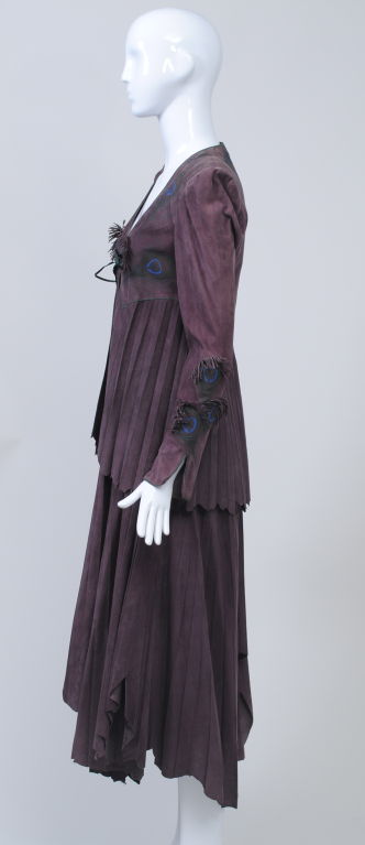CAVALLI PLUM SUEDE SUIT W/PEACOCK MOTIF 1