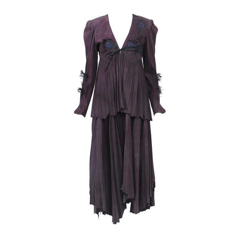 CAVALLI PLUM SUEDE SUIT W/PEACOCK MOTIF