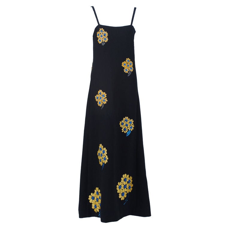 Galanos Black Wool Dress with Yellow Embroidery