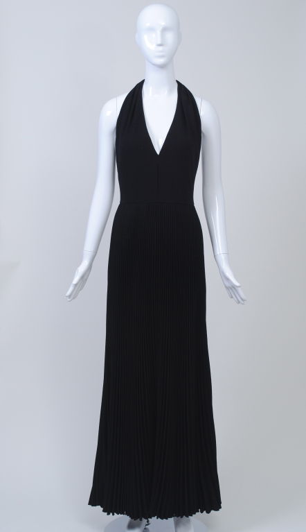 1970s BLACK PLEATED HALTER MAXI DRESS