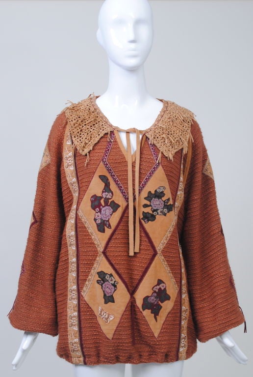 CAVALLI COPPER WOVEN WOOL TOP W/PAINTED SUEDE APPLIQUES