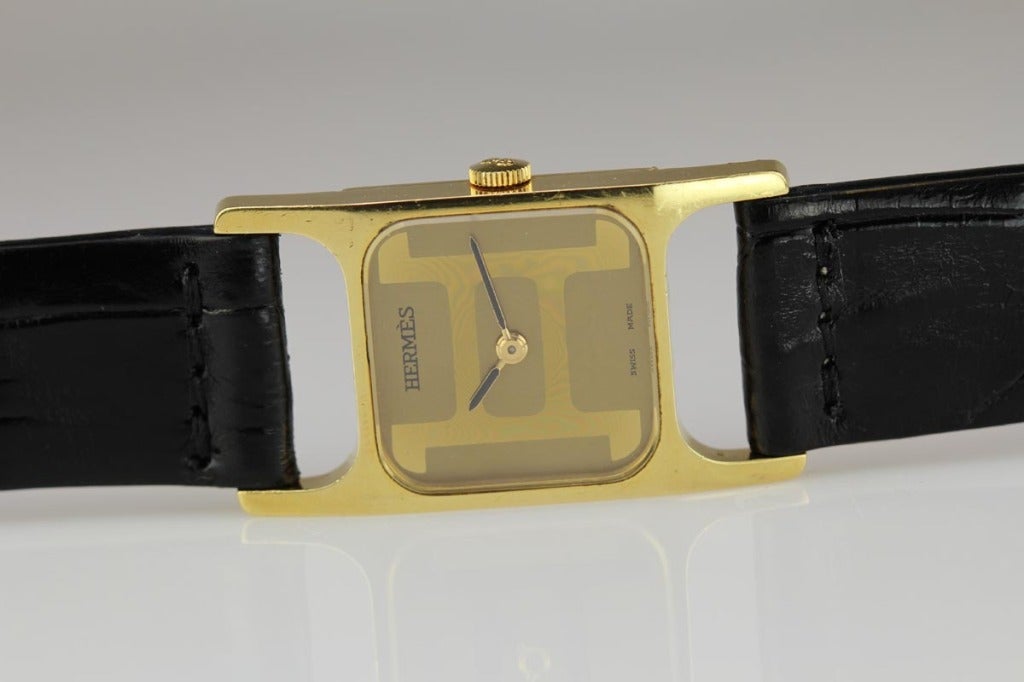 This is a very unusual 18k yellow gold Hermes “H” watch from the 1970s. I have never seen this form before which is quite attractive. The watch is in mint condition and powered by a Corum movement.