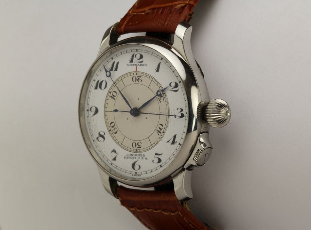 This is an exceptional example of a Wittnauer/Longines Weems watch from the 1940s in stainless steel. The watch probably was never polished and the porcelain dial is perfect with no cracks. This is a real time capsule example. 

The Weems model