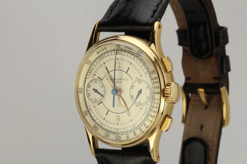 This is a very unusual Patek Philippe chronograph from the 1940s. It is a Ref. 130 in 18k yellow gold with a rare sector dial. Most dials on the Ref. 130 are pretty simple and to have a complicated sector dial is quite rare and very attractive.
