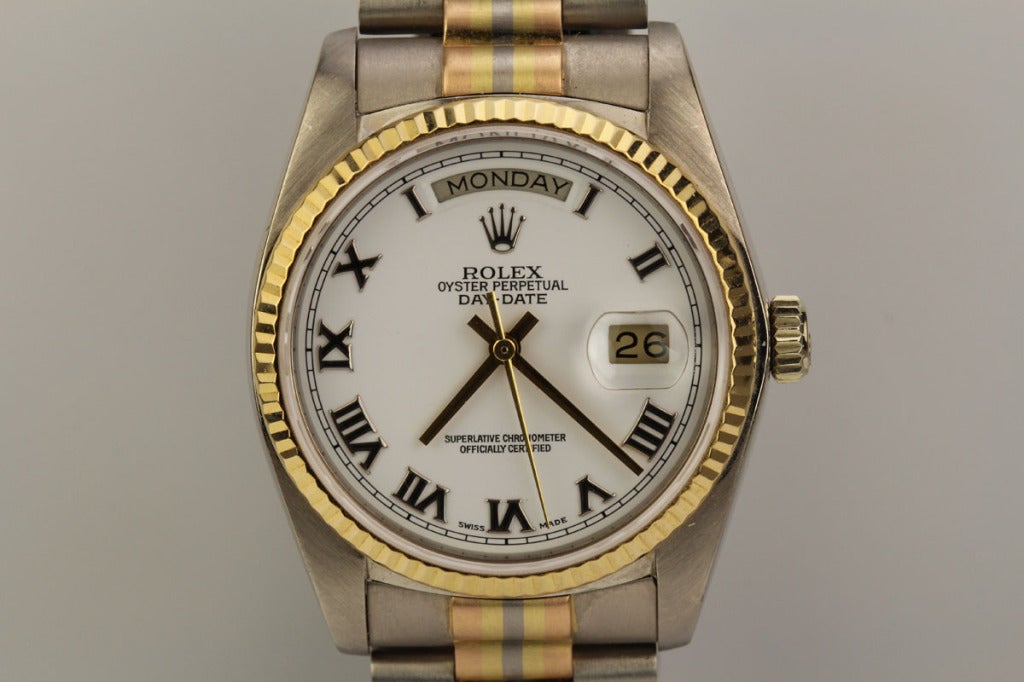 18k white and yellow gold with 18k tri-color Rolex President bracelet #8285, with folding clasp, sapphire crystal, fluted yellow gold bezel and crown.