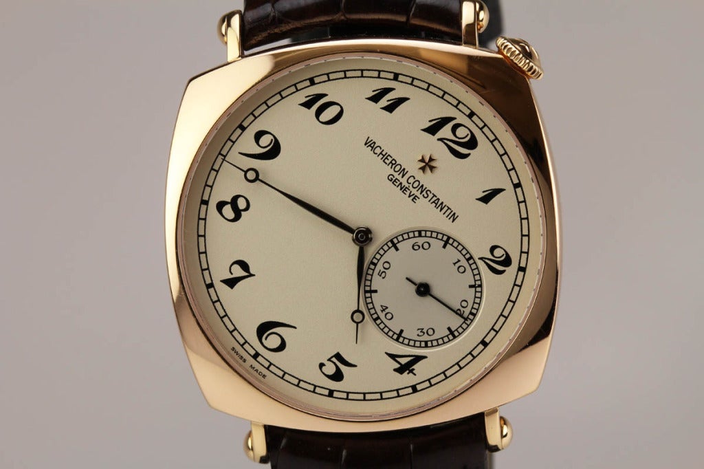 This is the highly sought-after Vacheron Constantin Historiques American 1921. It is inspired by vintage models made for the American market in the 1920s. It has an oversized 18k rose gold case and beautiful dial, it comes on original strap with 18k