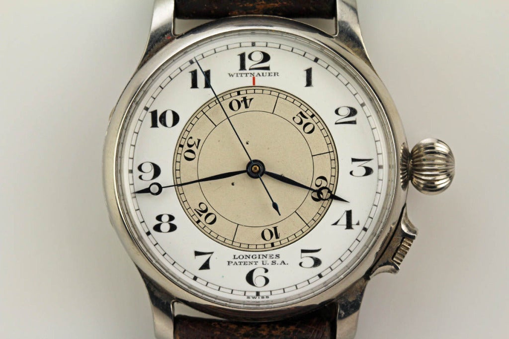 This is an exceptional example of a Wittnauer/Longines Weems watch from the 1940's in stainless steel. The watch probably was never polished and the porcelain dial is perfect with no cracks. This is a real time capsule example. The Weems model was