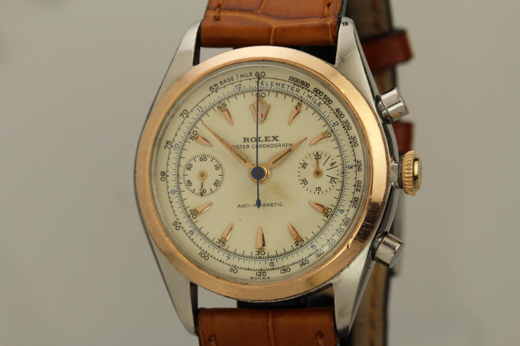 Rolex stainless steel and rose gold chronograph wristwatch, Ref. 4500. This watch has some light scratches but it has never been polished. It is an incredible example with an untouched case and original dial.