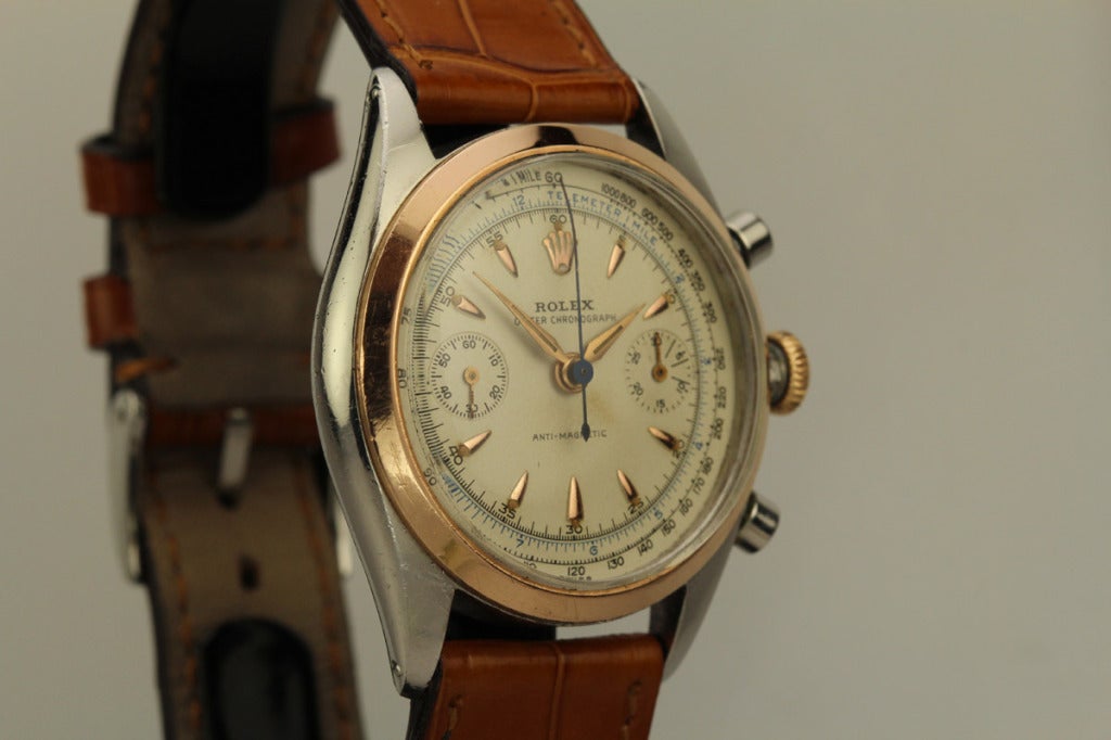 Rolex Stainless Steel and Rose Gold Chronograph Wristwatch Ref 4500 circa 1940s In Good Condition In Miami Beach, FL